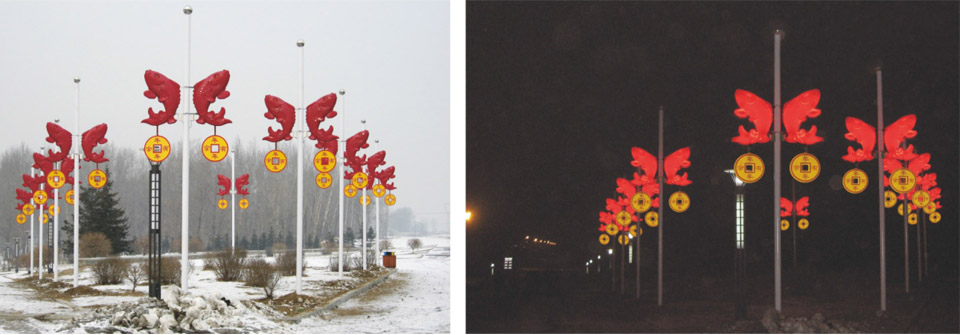 年年有余开云(中国)饰LED发光鲤鱼开云(中国)安装白天/夜景亮开云(中国)实拍效果图